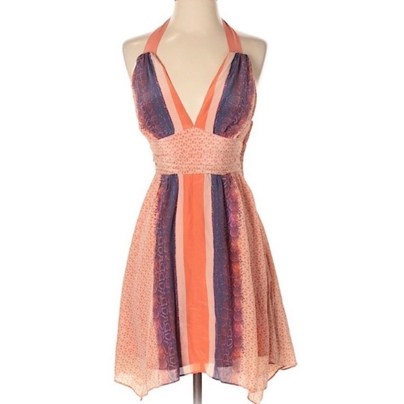 Guess “Hot Sand” Orange and Purple Silk Halter Fully Lined Dress Size 8 - Picture 1 of 12